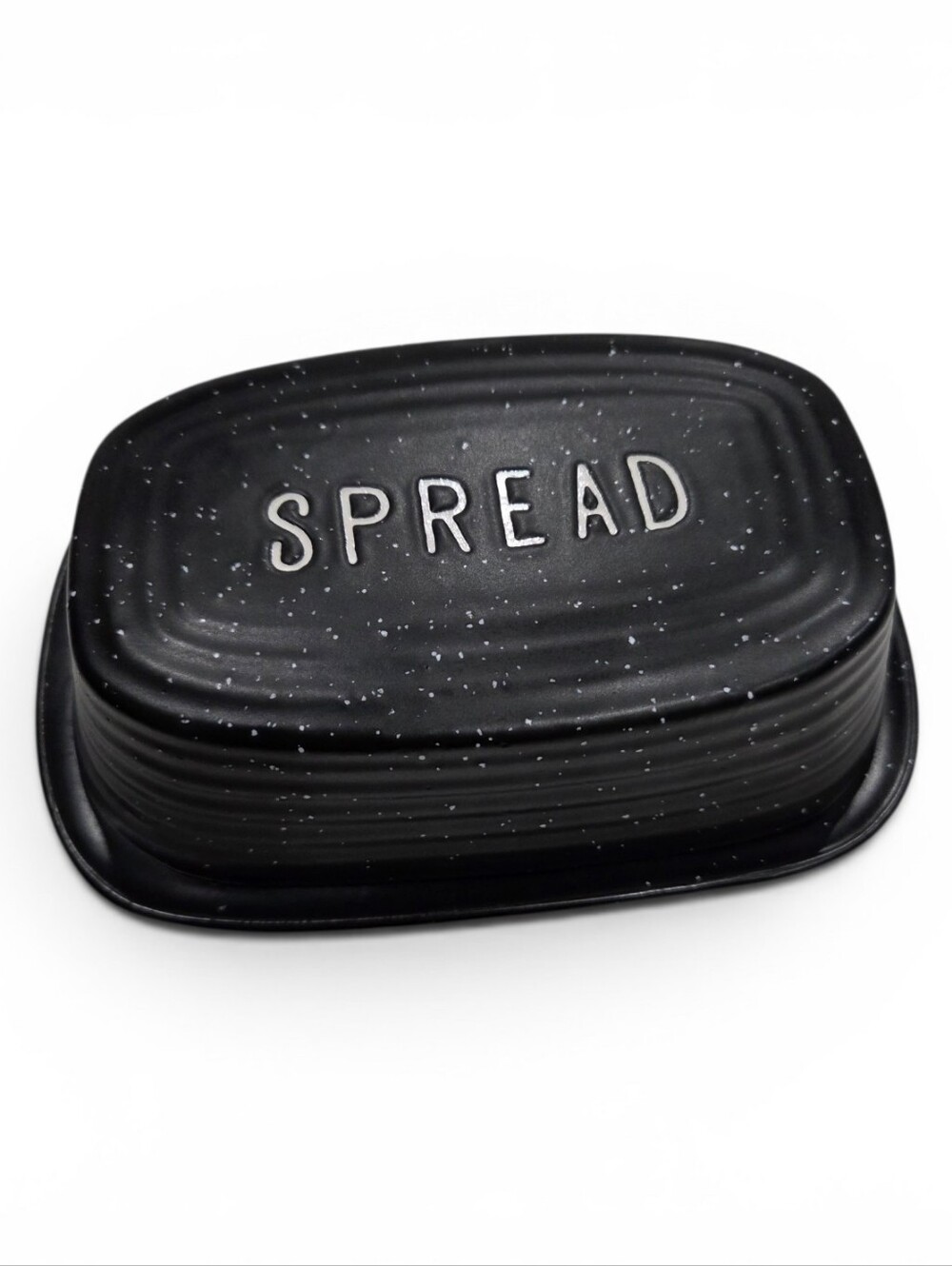THE POTTERY PEOPLE Black Speckled Ceramic Butter Dish with 'SPREAD' Lid